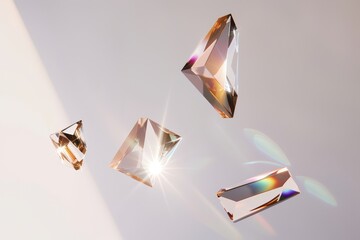 Elegant and sparkling crystals floating in mid-air with vibrant light reflections on a soft, gradient background.