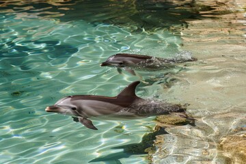  Dolphins swimming in shallow water.