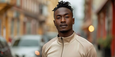 Fototapeta premium Stylish urban streetwear Young African man in neutral tracksuit. Concept Street Style, Urban Fashion, African Culture, Neutral Tones, Tracksuit