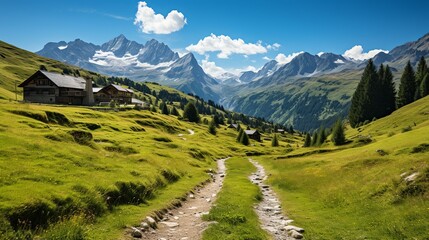 Fototapeta premium A beautiful alpine landscape with a charming wooden chalet nestled in the valley, surrounded by snow-capped mountains and lush green meadows. Minimal and Simple,
