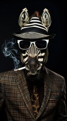 Naklejka premium Zebra in suit, hat and smoking on black background
