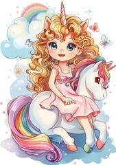 A cute cartoon girl with curly blond hair sitting on the back of a unicorn, vector illustration in the style of pastel colors, pink dress with a rainbow pattern, white background, small butterflies ar