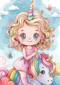 A cute cartoon girl with curly blond hair sitting on the back of a unicorn, vector illustration in the style of pastel colors, pink dress with a rainbow pattern, white background, small butterflies ar