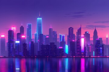Obraz premium Futuristic cityscape at night with vibrant neon lights reflecting off the water, creating a stunning, modern skyline in vivid colors.