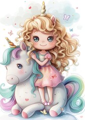 A cute cartoon girl with curly blond hair sitting on the back of a unicorn, vector illustration in the style of pastel colors, pink dress with a rainbow pattern, white background, small butterflies ar