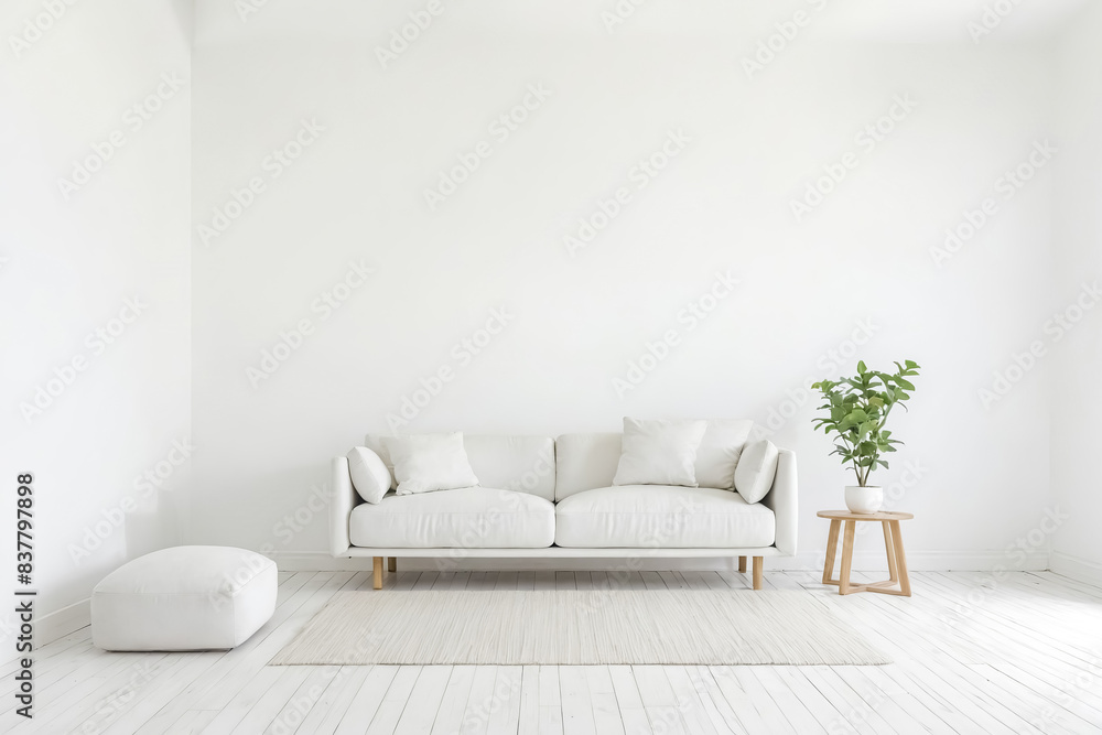 Wall mural minimalist living room with white sofa and wooden side table