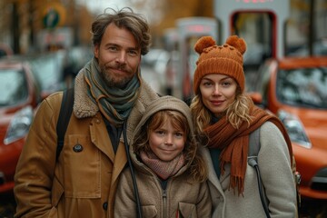 Fototapeta premium Electric Cars A family charging their electric car at a public charging station, set against a backdrop of an urban park. The image should showcase green travel options and the integration of
