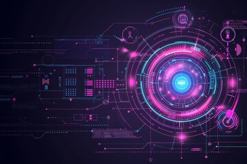 Futuristic digital interface with vibrant neon colors and technical data visualizations, representing advanced technology and innovation.
