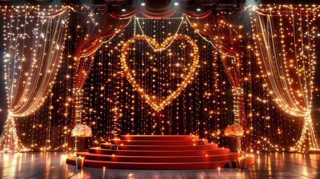  A stage adorned with lights One featuring a heart Another boasting a set of steps A fourth, a red carpet