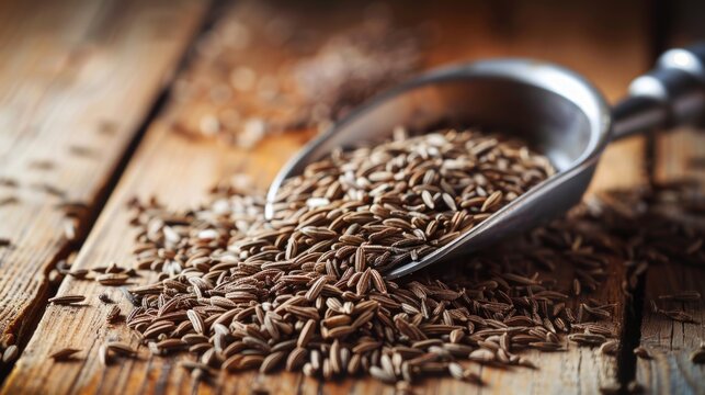 Dry cumin seeds in a scoop on a wooden table. Close up