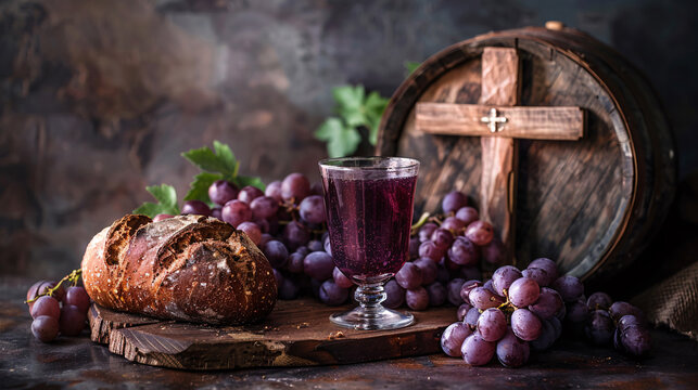 Beautiful holy communion scene with a cup of grape juice, a loaf of bread, and a wooden cross
