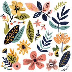 Collection colorful floral elements featuring various flowers foliage designs, illustration consists handdrawn style botanical shapes, suitable springthemed designs. Flowers appear stylized bright