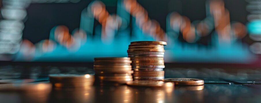 Stacks of digital coins before digital financial graph