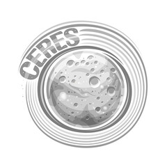 Vector logo for Ceres, decorative astronomical print with rotating dwarf planet with meteor craters, futuristic cosmo badge with unique brush lettering for grey text ceres on white background