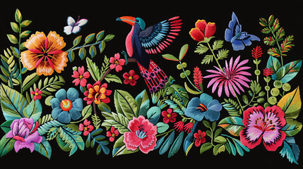 Beautiful jungle motif embroidery on a retro-inspired textile design
