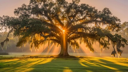  A large tree's branches allow the sun to filter through, gracing a grassy area Giraffes roam the foreground, while a body of water reflects sunlight in the background