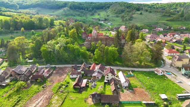 Aerial view of the 14 century castle in the historical village of Kreisch - Cris - Keresd.