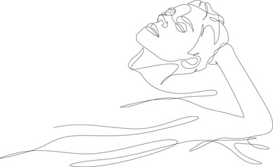 Person floating in water, taking spa bath continuous one line drawing. Concept of beauty treatments, self care, sensory deprivation. Vector illustration. Editable stroke.