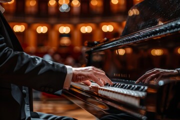 Pianist performing in spacious room with lighting