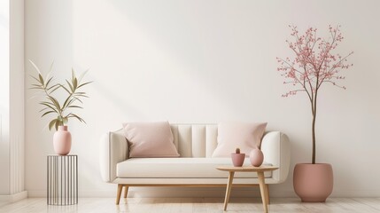 Minimalist Living Room Interior with Pink Decor Accents