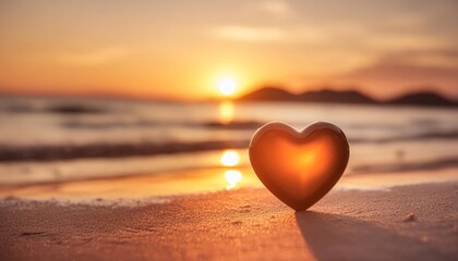 Fototapeta premium Heart-shaped stone resting on the beach as the sun rises, casting a warm glow over the scene. The soft light enhances the romantic atmosphere, reflecting themes of love and tranquility. 