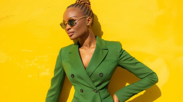 A black woman in a green suit and sunglasses standing against a yellow wall