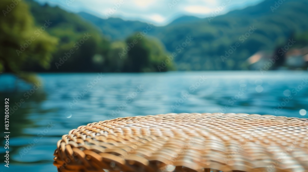 Poster serene lake view with wicker table. tranquil lake setting featuring a wicker table, perfect for prod