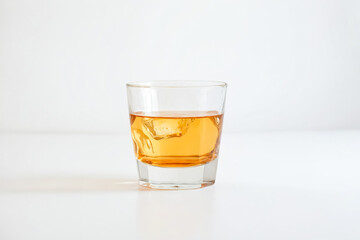 Single Glass of Whiskey with Ice on White Background
