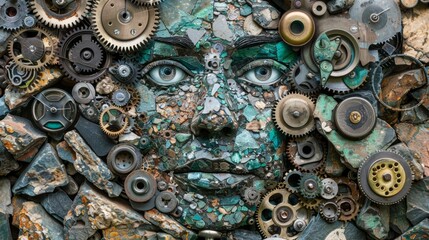  A close-up of a face formed from various clock face parts on a mound of rocks and metal scraps, including stones