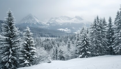 Fototapeta premium Serene Winter Landscape with Snow-Covered Trees and Mountains