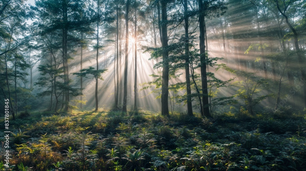 Poster sunlight filtering through forest trees