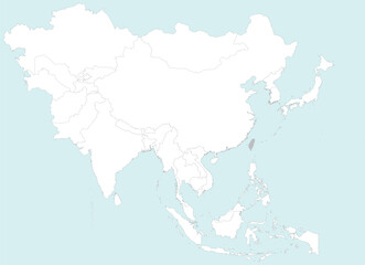 Highlighted grey map of TAIWAN inside white detailed blank political map of Asia on blue background, without the Middle East and Russia