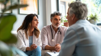 Two doctors engaged in a meaningful discussion with a couple, providing healthcare assistance in a clinic