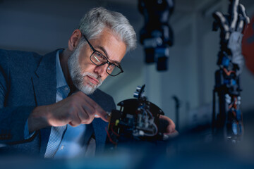 Automation, robotics engineer working on mechanical system of robotic arm. Concept of modern...