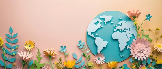 Paper art of Earth surrounded by colorful flowers on a pastel background, symbolizing nature, sustainability, and environmental care.