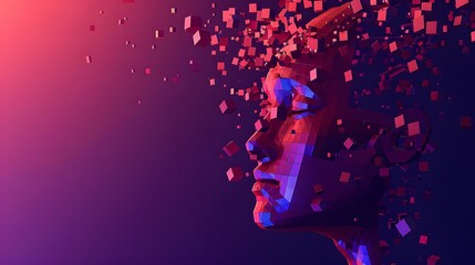 A disintegrating geometric human face in gradient colors, showcasing the fusion of digital art and futuristic concepts.