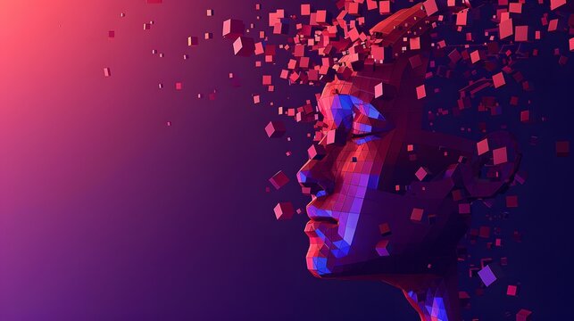 A disintegrating geometric human face in gradient colors, showcasing the fusion of digital art and futuristic concepts.