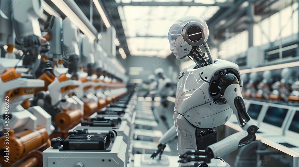Poster a humanoid robot working in an advanced factory setting, highlighting automation and the future of m