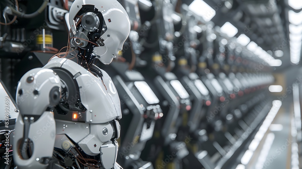 Poster a robot on a high-tech assembly line, demonstrating the integration of robotics and automation in mo