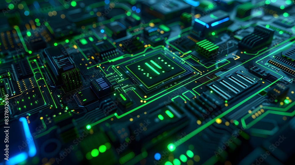 Poster a close-up of a glowing circuit board, showcasing the intricate design and advanced technology of el