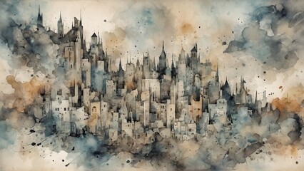 Abstract background with figures of buildings in ink and watercolor on parchment