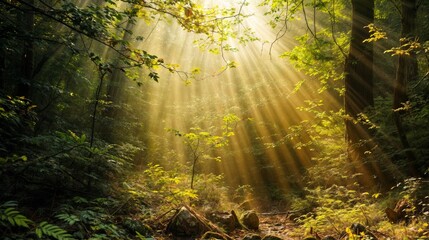 Obraz premium Sun Rays Shining Through Forest Canopy