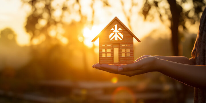 Wooden House model with blurreed background . Real estate agent , house, insurance or loan real estate background.