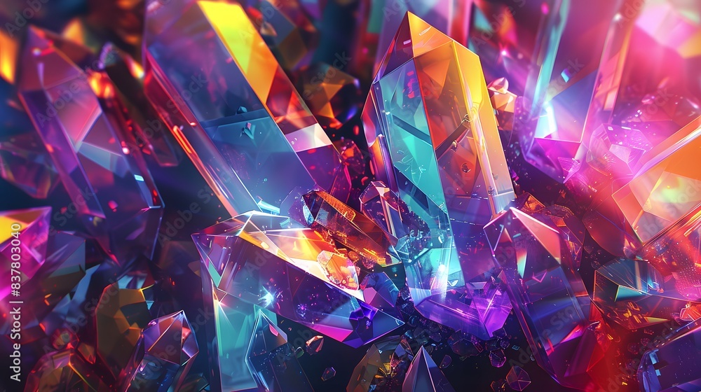 Poster A vibrant display of colorful crystals illuminated by light, creating a dazzling and sparkling visual effect.