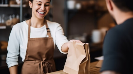Obraz premium Small business, bakery and coffee, staff barista , client, a cafeteria