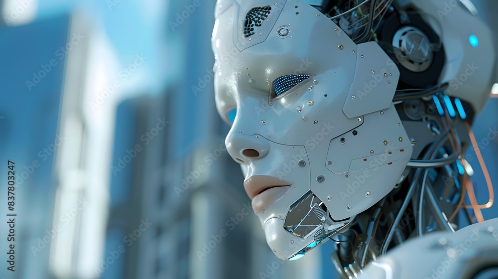 Poster a robotic face in a futuristic urban setting, showcasing advanced robotics and the integration of te