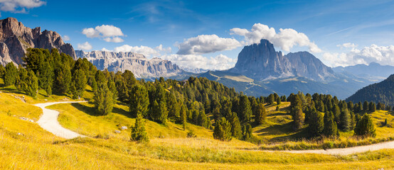 Scenic view of the famous resort Val Gardena. Dolomites, South Tyrol, Italy, Europe.