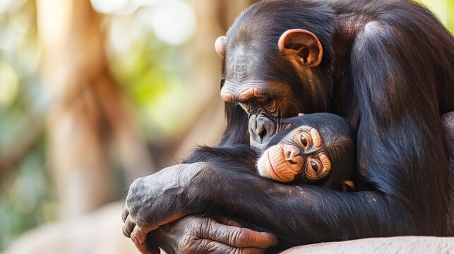  A mother chimpanzee and her baby cling to one another, their arms interlocked, against a hazy backdrop of trees and a stone wall A tree-like structure stands