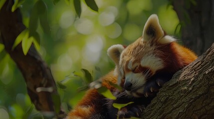 Fototapeta premium A red panda sleeps in a tree, its head on a tree limb Eyes closed, head at ease on a branch