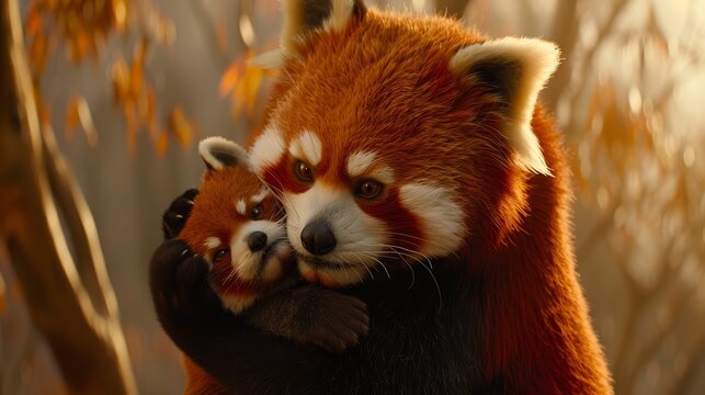  A pair of red pandas stand together atop a ground blanketed by leaves, before a tree adorned with yellow-leafed branches